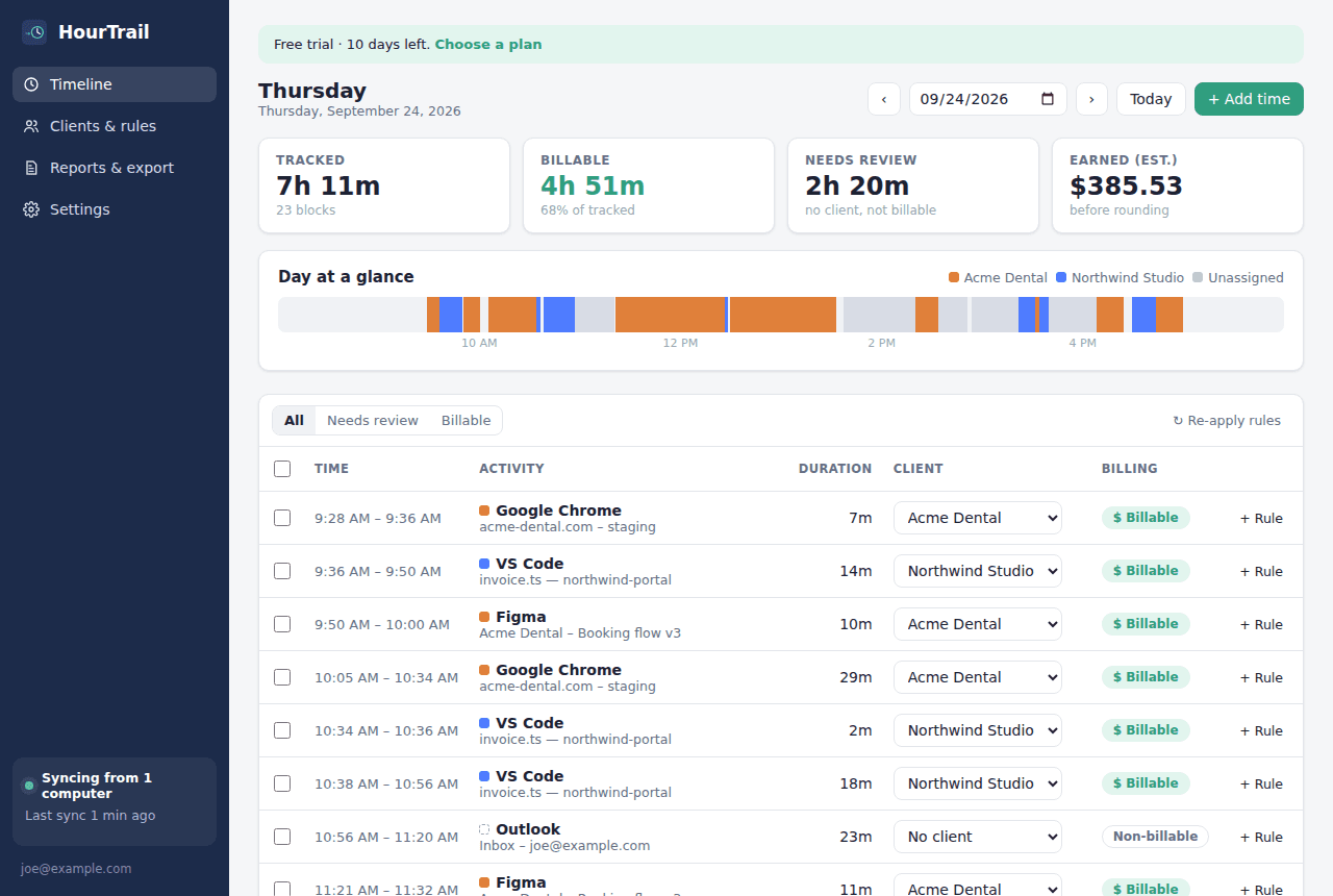HourTrail timeline showing a day of work sorted by client